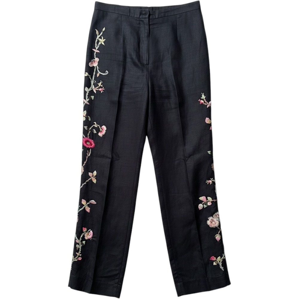 I.S.C. Embroidered Linen Blend lined Pants S Black Straight Leg Cottagecore